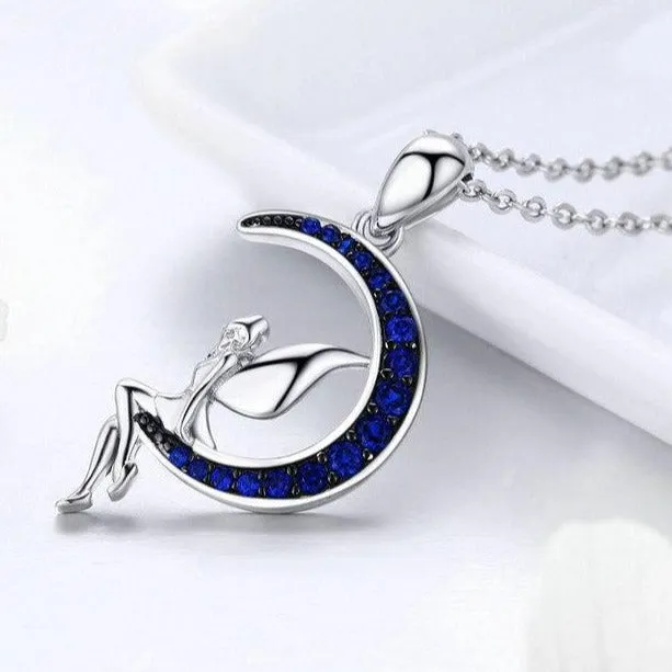 Fairy in Blue Moon Cubic Zirconia 925 Sterling Silver Fashion Pendant Necklace