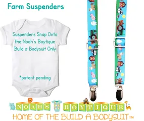 Farm Animal Barn Theme Noah's Boytique Bodysuit Suspenders for Baby Boys