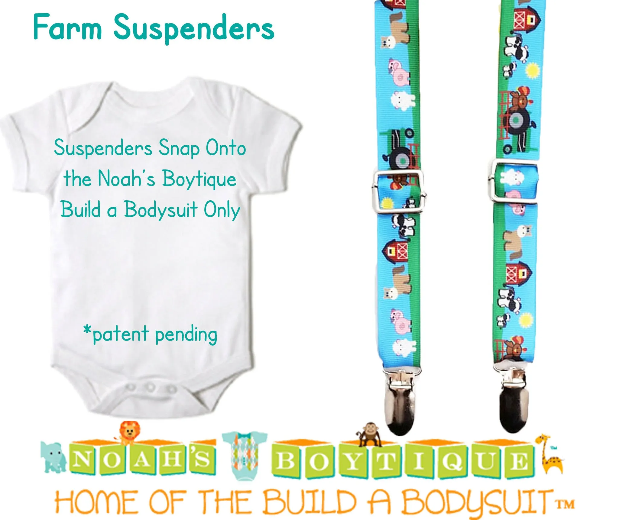 Farm Animal Barn Theme Noah's Boytique Bodysuit Suspenders for Baby Boys