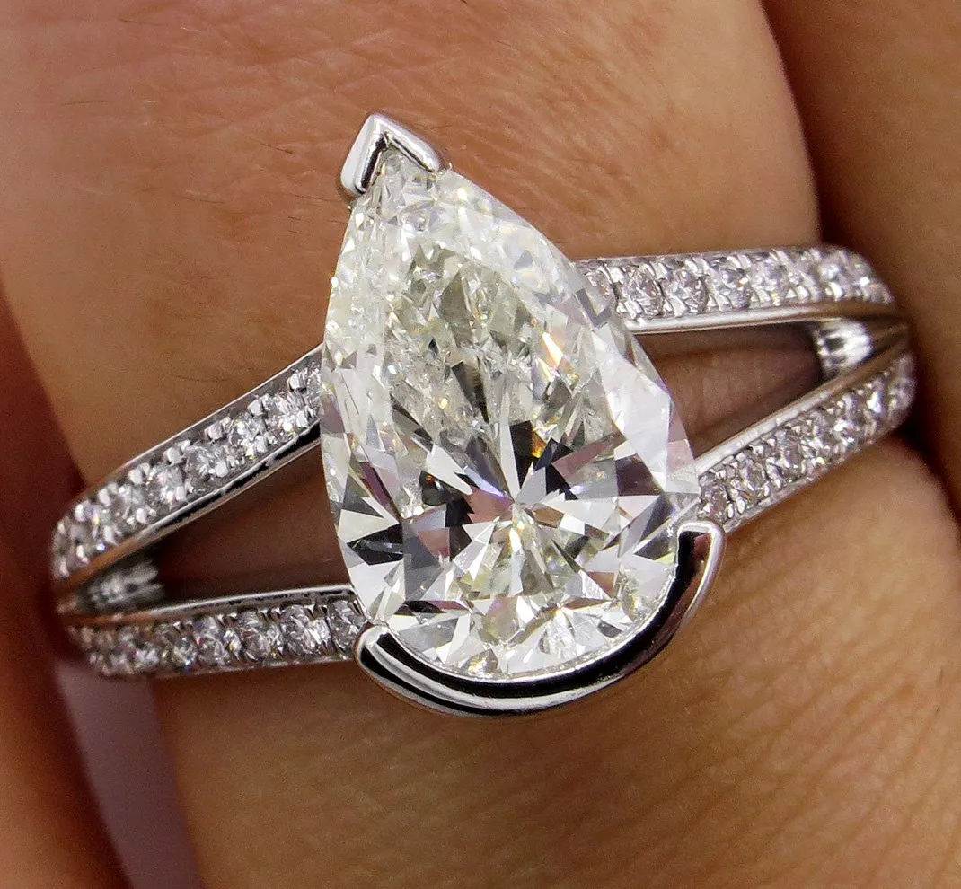 GIA 2.68ct Vintage PEAR Shaped Diamond Engagement Wedding Pave Platinum Ring