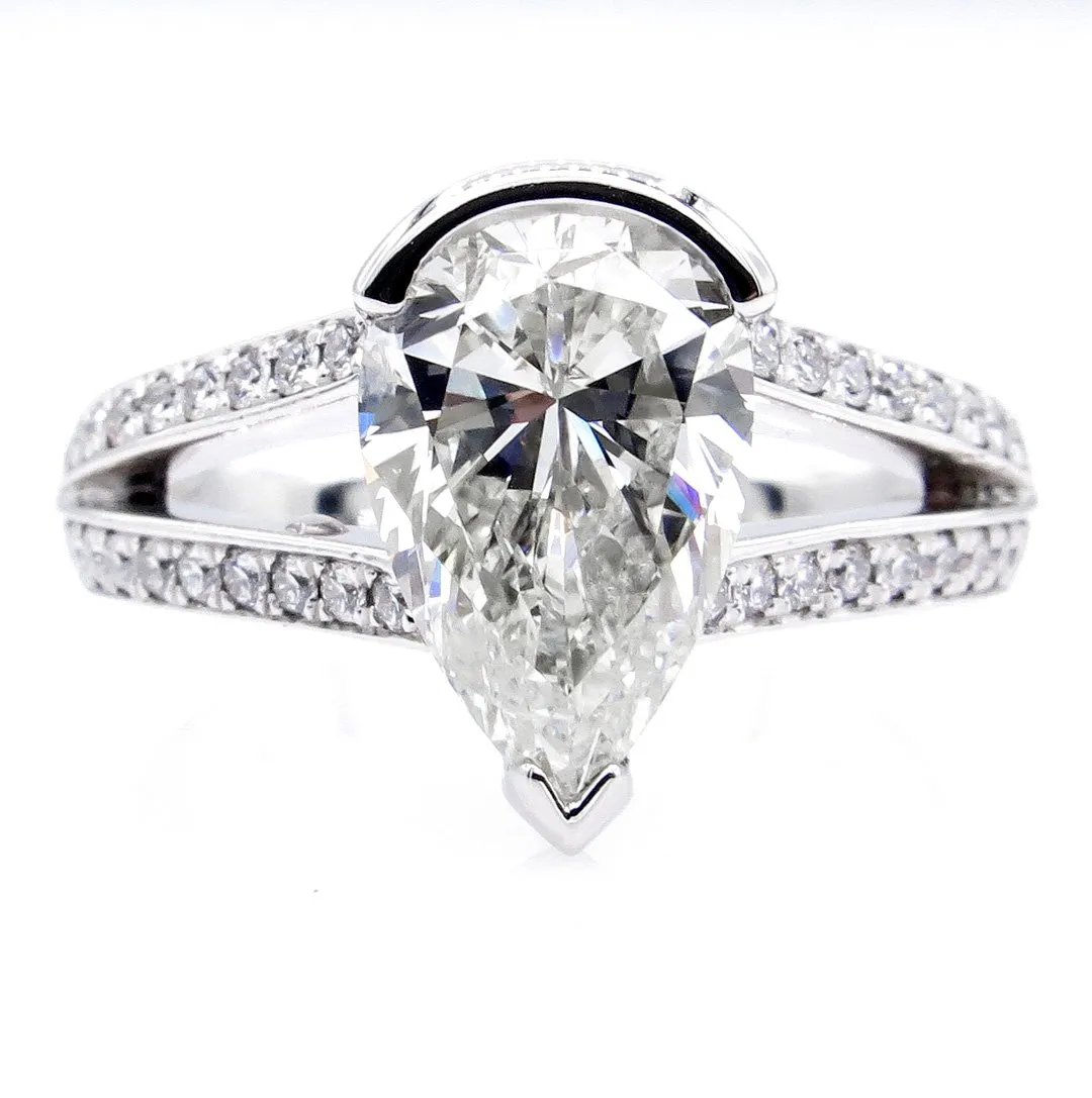 GIA 2.68ct Vintage PEAR Shaped Diamond Engagement Wedding Pave Platinum Ring