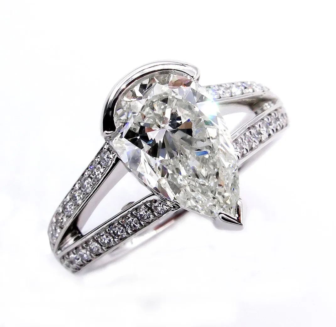 GIA 2.68ct Vintage PEAR Shaped Diamond Engagement Wedding Pave Platinum Ring