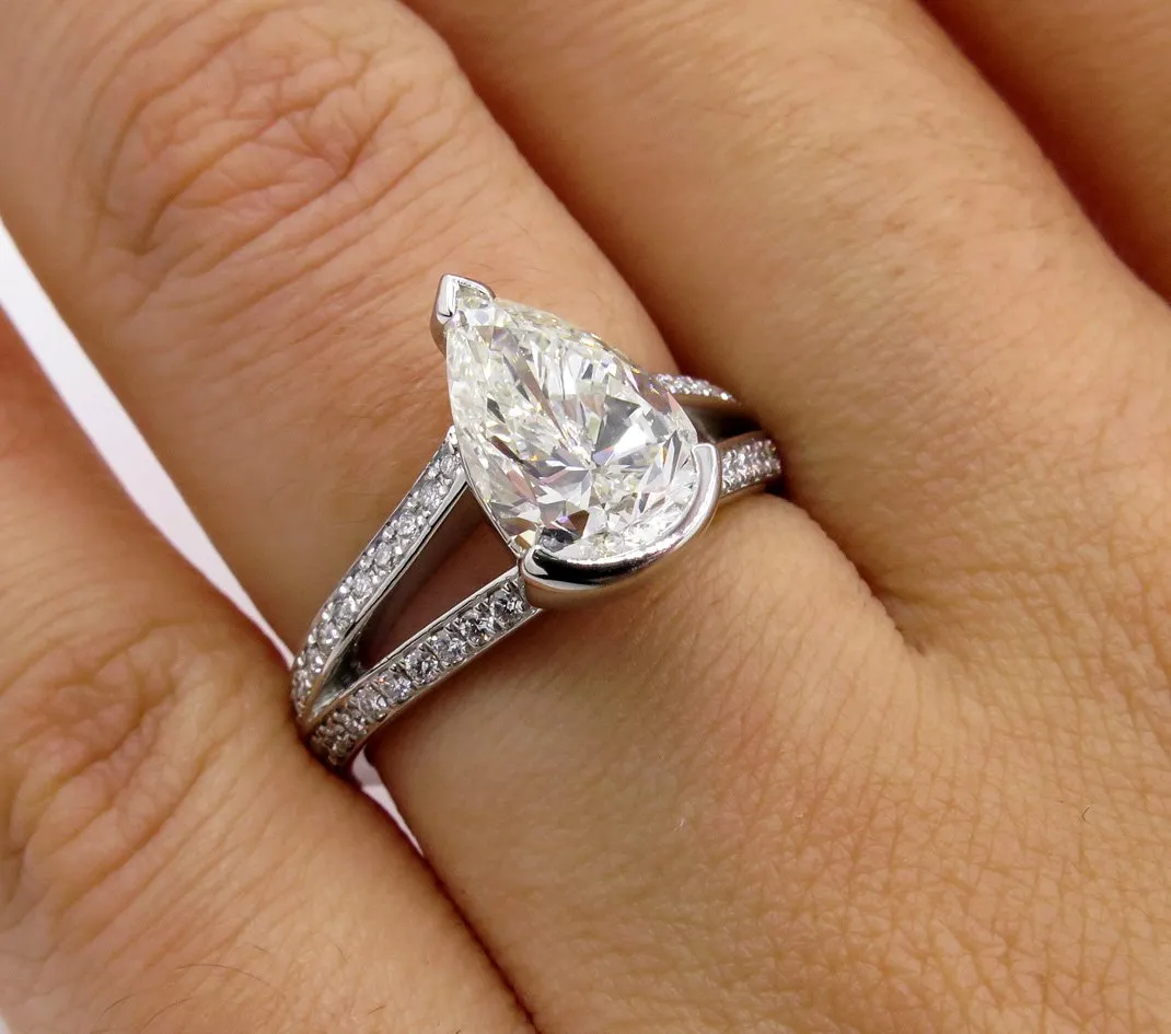 GIA 2.68ct Vintage PEAR Shaped Diamond Engagement Wedding Pave Platinum Ring