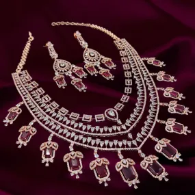 Grace Chandelier Statement Necklace Set Designer Rose Gold Ruby Plated Fashion Jewelry by Jaipur Rose Indian Jewelry Online