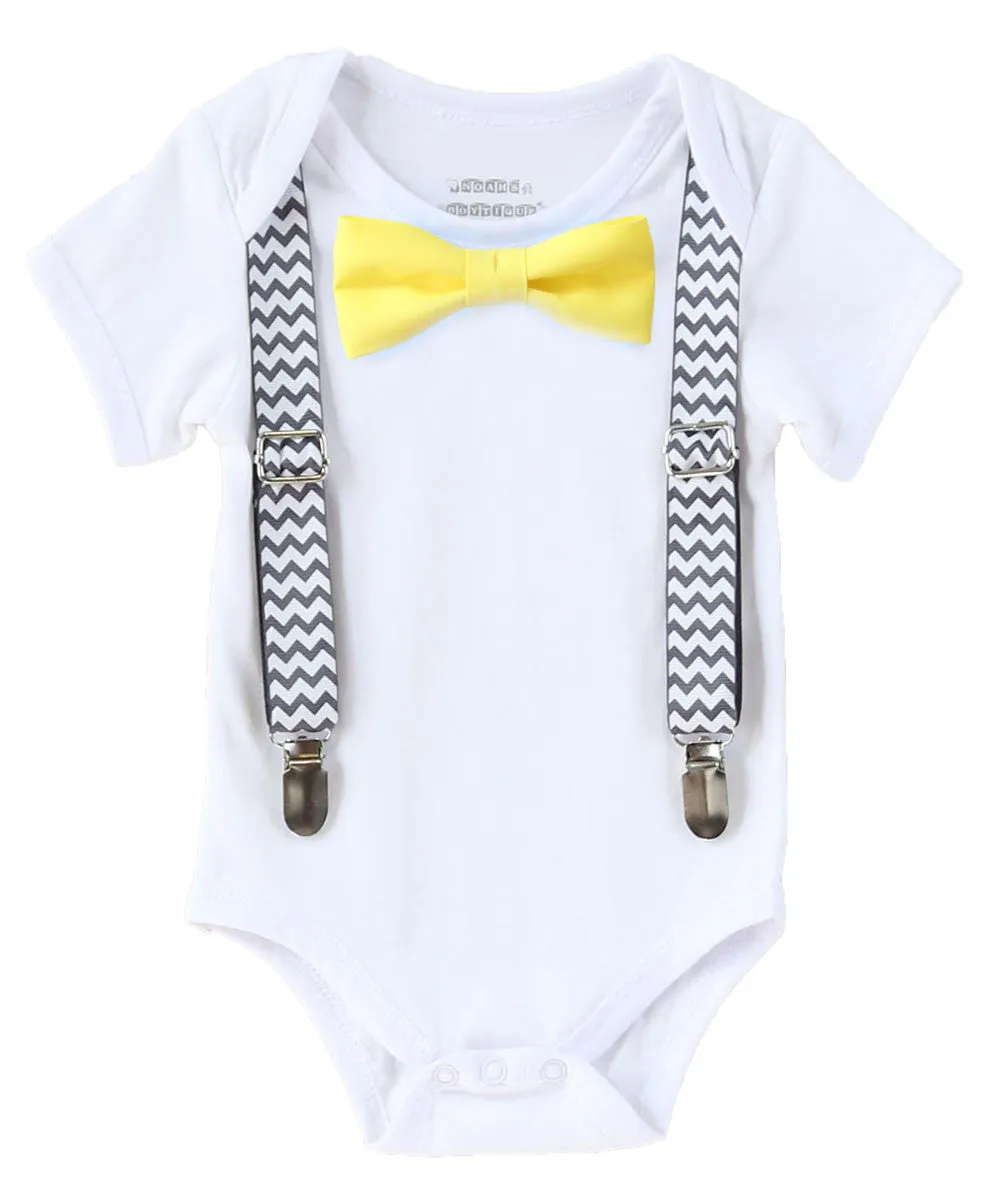 Grey Chevron and Yellow Baby Boy Outfit Suspenders Bow Tie