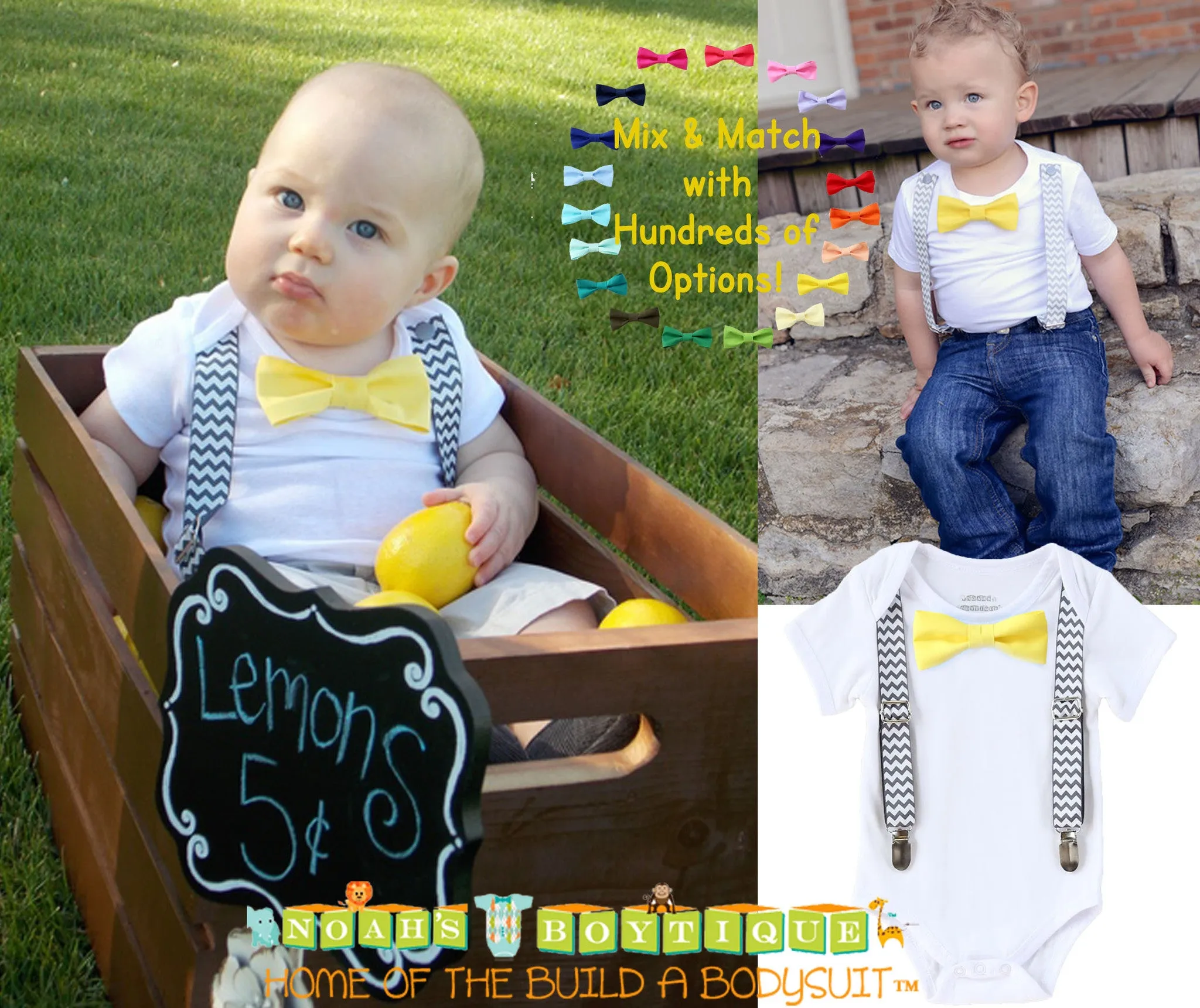 Grey Chevron and Yellow Baby Boy Outfit Suspenders Bow Tie