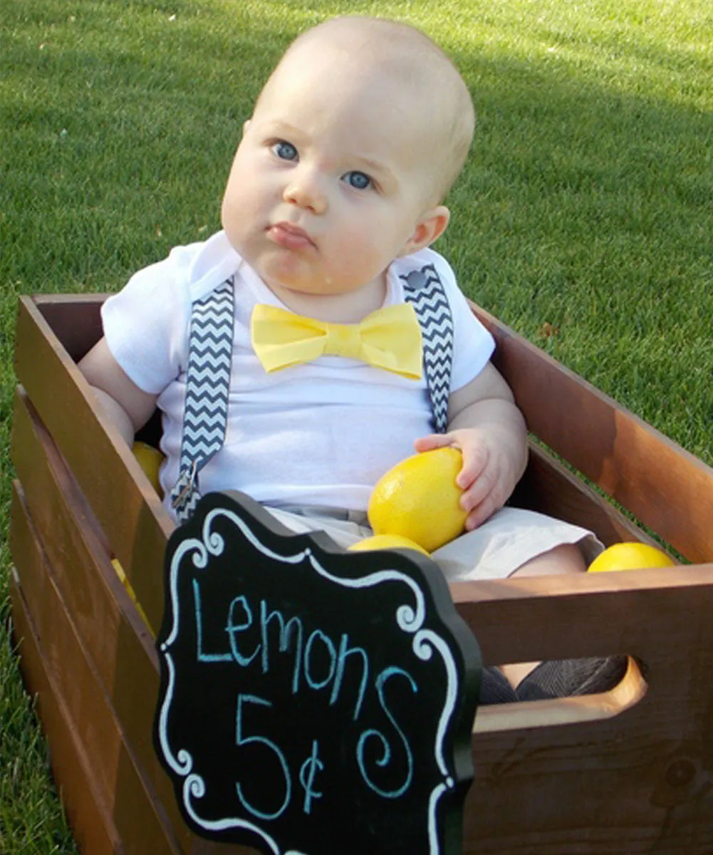 Grey Chevron and Yellow Baby Boy Outfit Suspenders Bow Tie