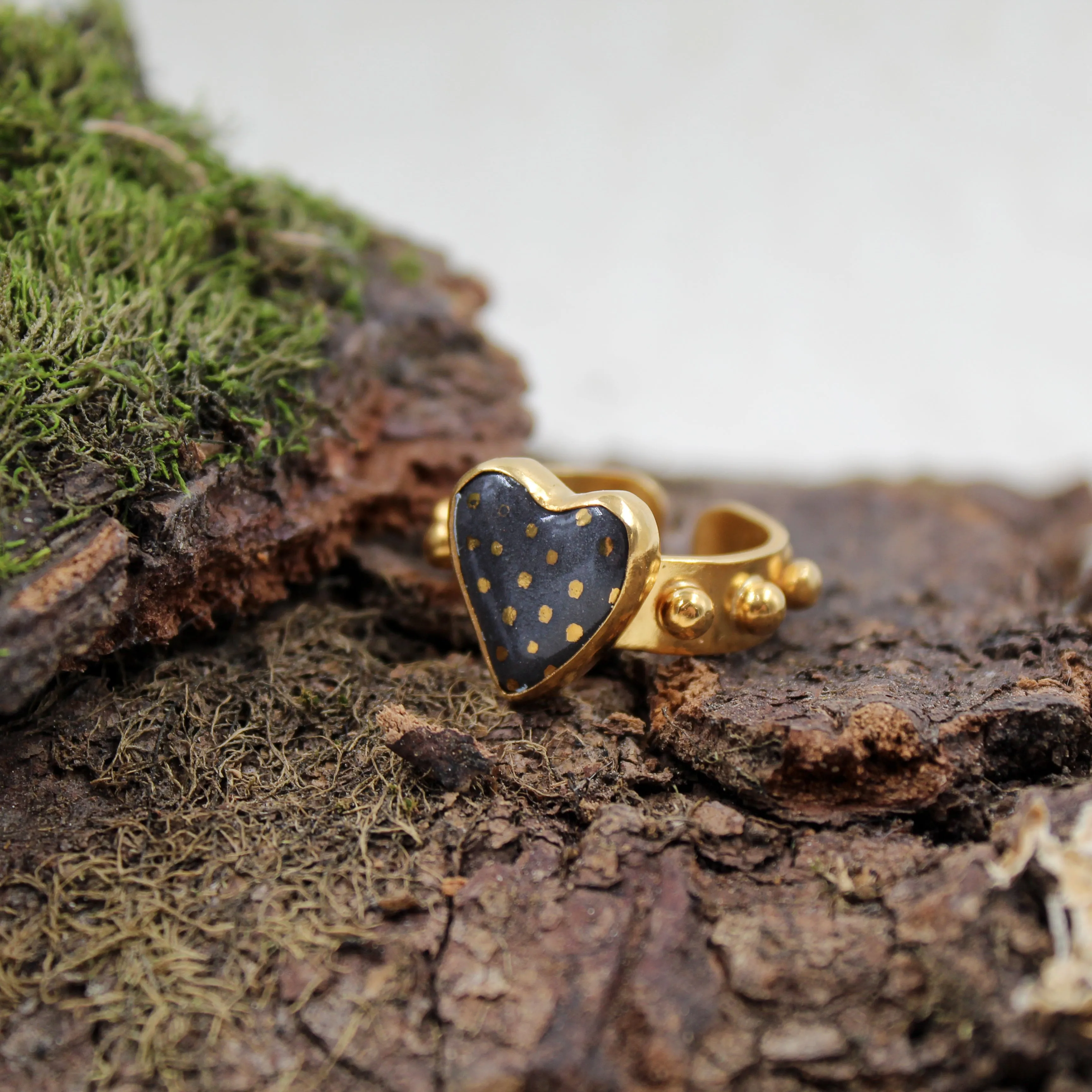 Handmade Adjustable Ring, Porcelain Black Heart.