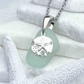 Ice Aqua Sea Glass Pendant with Sterling Silver Sand Dollar Charm | #1735