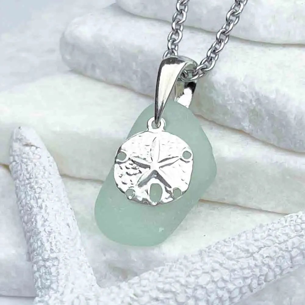 Ice Aqua Sea Glass Pendant with Sterling Silver Sand Dollar Charm | #1735