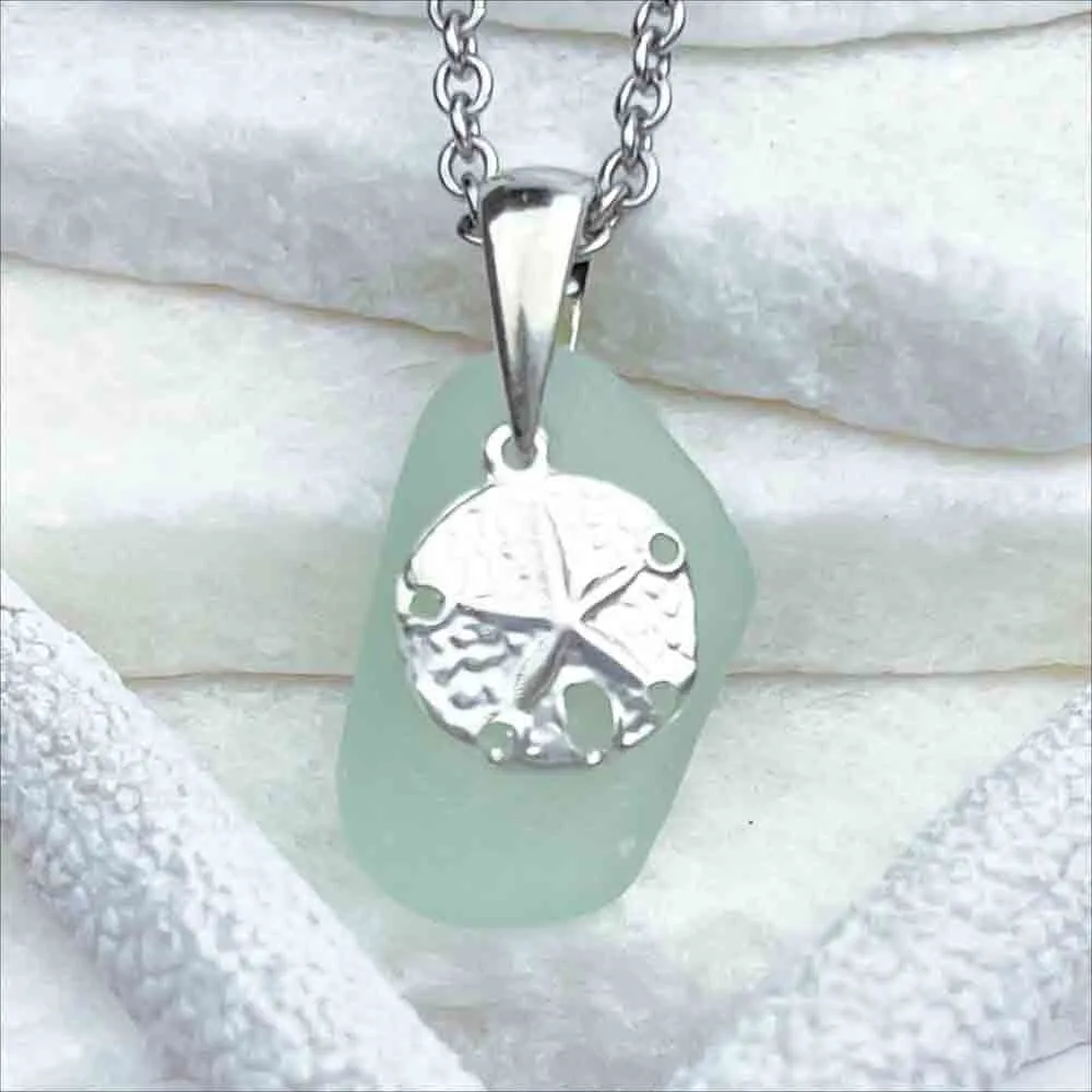 Ice Aqua Sea Glass Pendant with Sterling Silver Sand Dollar Charm | #1735