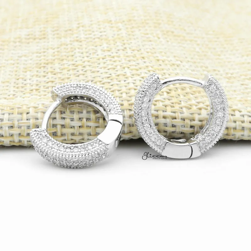 Iced Out One-Touch Huggie Hoop Earrings - Silver