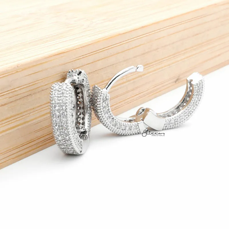 Iced Out One-Touch Huggie Hoop Earrings - Silver