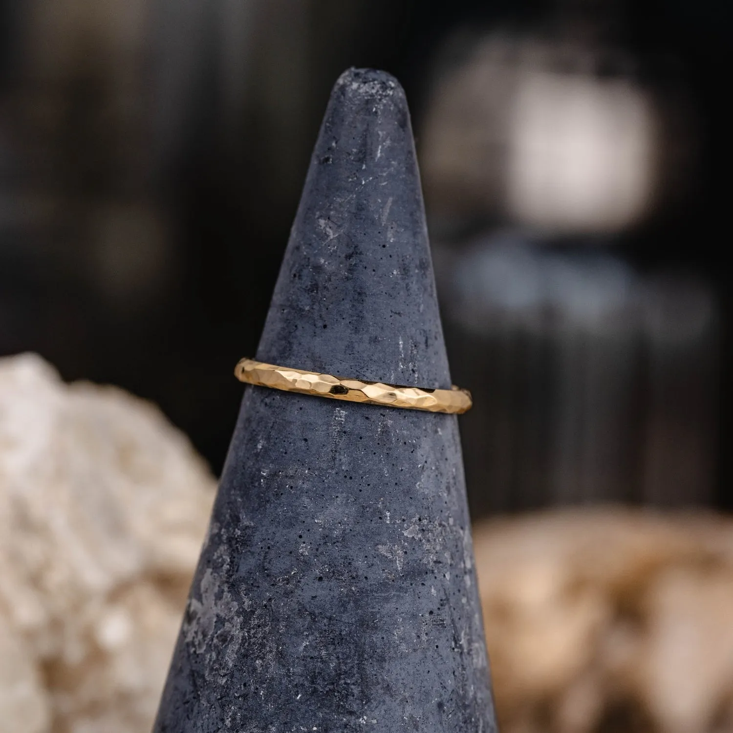 (In-Stock) The Rosalind | Women's Hammered 10k Yellow Gold Stacking Ring - Size 5 | 2mm Wide