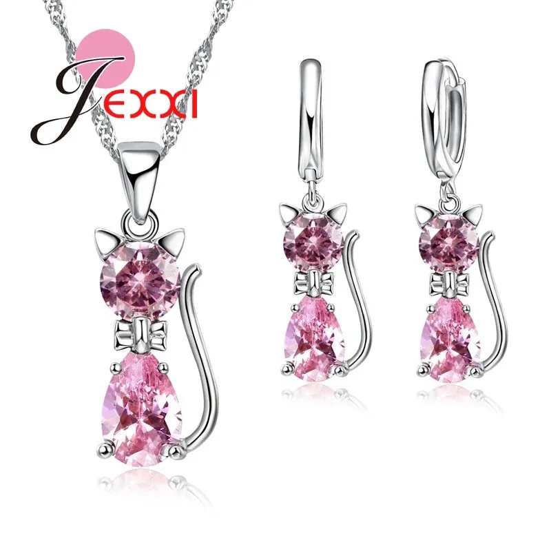 Jewellery Sets Accessories Genuine 925 Sterling Silver  Cubic Zirconia Cat Kitty Necklace Pendant Leverback Earrings Hot