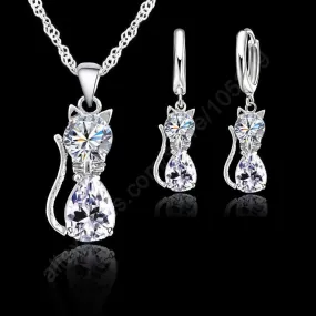 Jewellery Sets Accessories Genuine 925 Sterling Silver  Cubic Zirconia Cat Kitty Necklace Pendant Leverback Earrings Hot