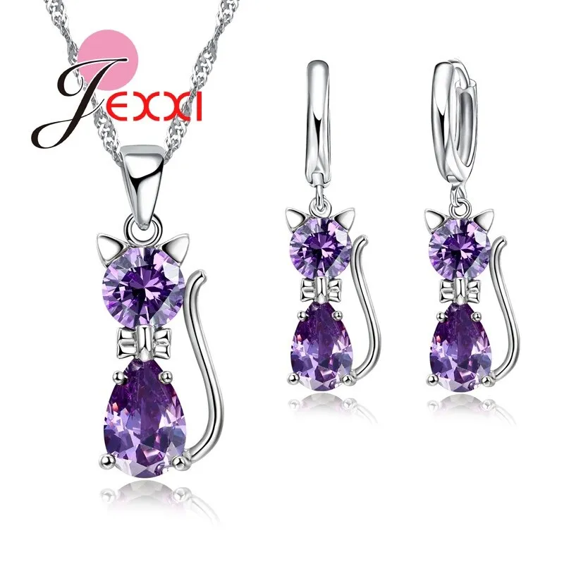 Jewellery Sets Accessories Genuine 925 Sterling Silver  Cubic Zirconia Cat Kitty Necklace Pendant Leverback Earrings Hot