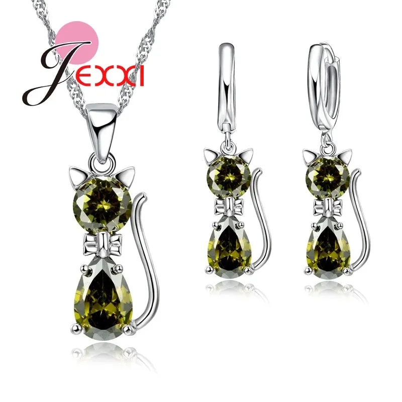 Jewellery Sets Accessories Genuine 925 Sterling Silver  Cubic Zirconia Cat Kitty Necklace Pendant Leverback Earrings Hot