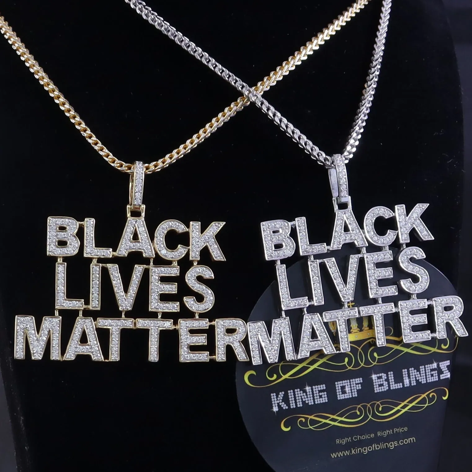 King Of Bling's Yellow Sterling Silver BLACK LIVES MATTER Sign Pendant 6.37ct Cubic Zirconia