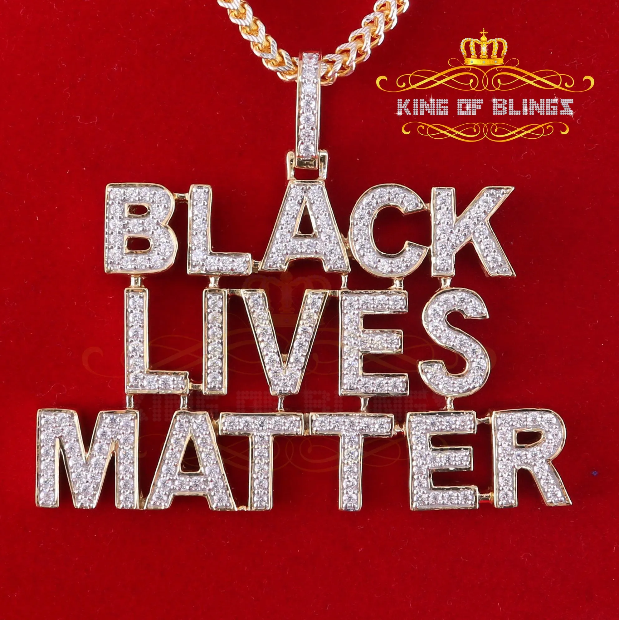 King Of Bling's Yellow Sterling Silver BLACK LIVES MATTER Sign Pendant 6.37ct Cubic Zirconia