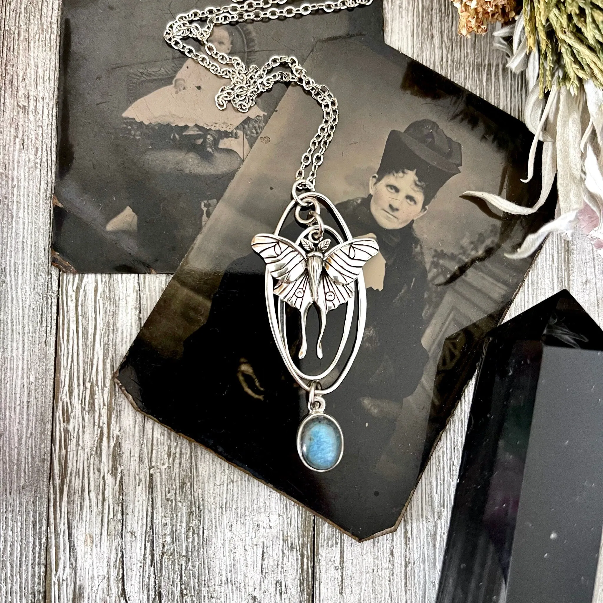 Luna Moth and Labradorite Talisman Necklace / Talisman Collection - Sterling Silver