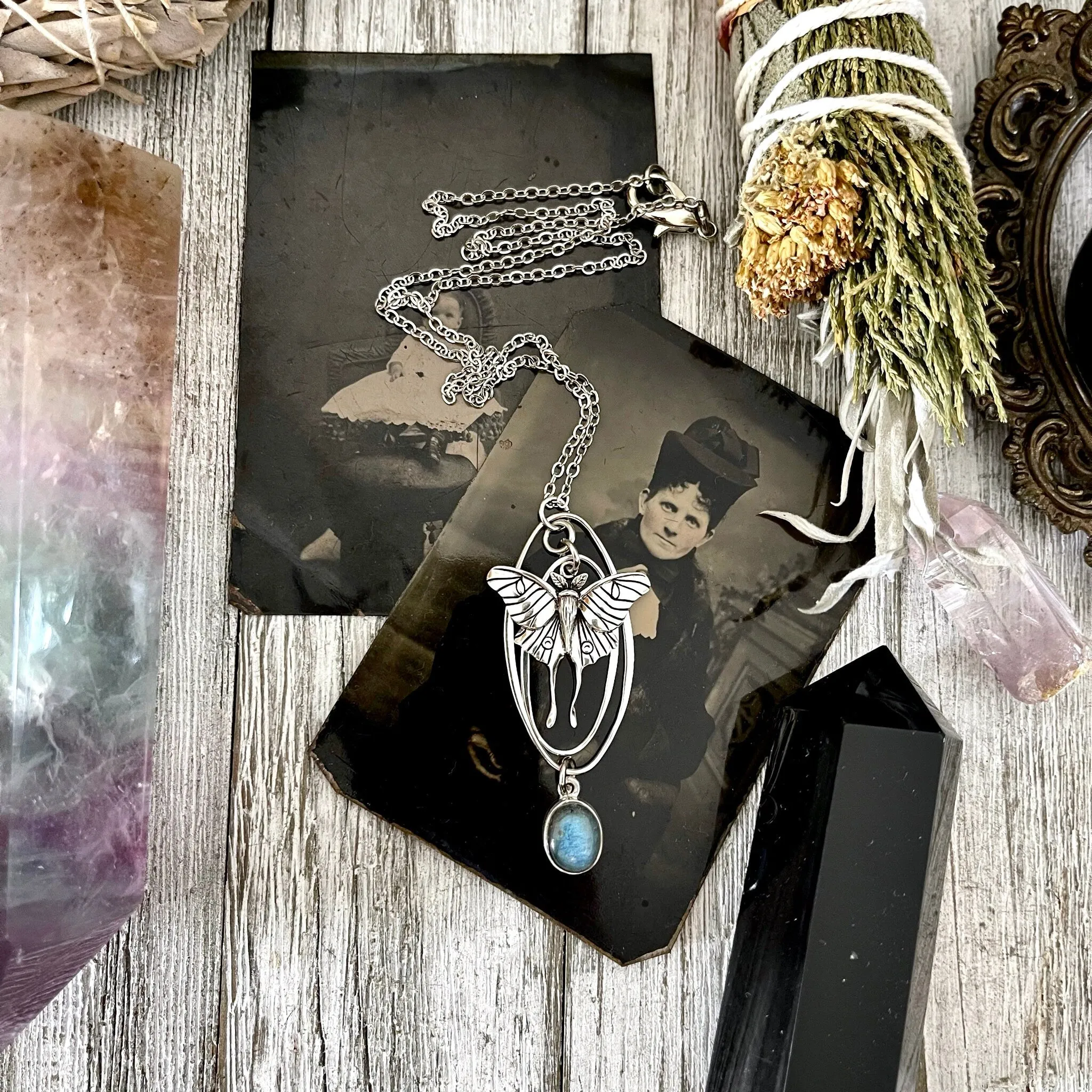 Luna Moth and Labradorite Talisman Necklace / Talisman Collection - Sterling Silver