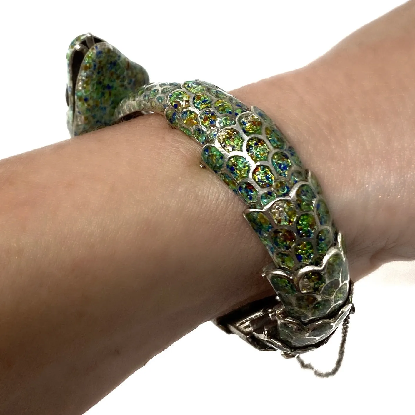 Margot de Taxco Vintage Enamel Silver Green Snake Mexico Bracelet