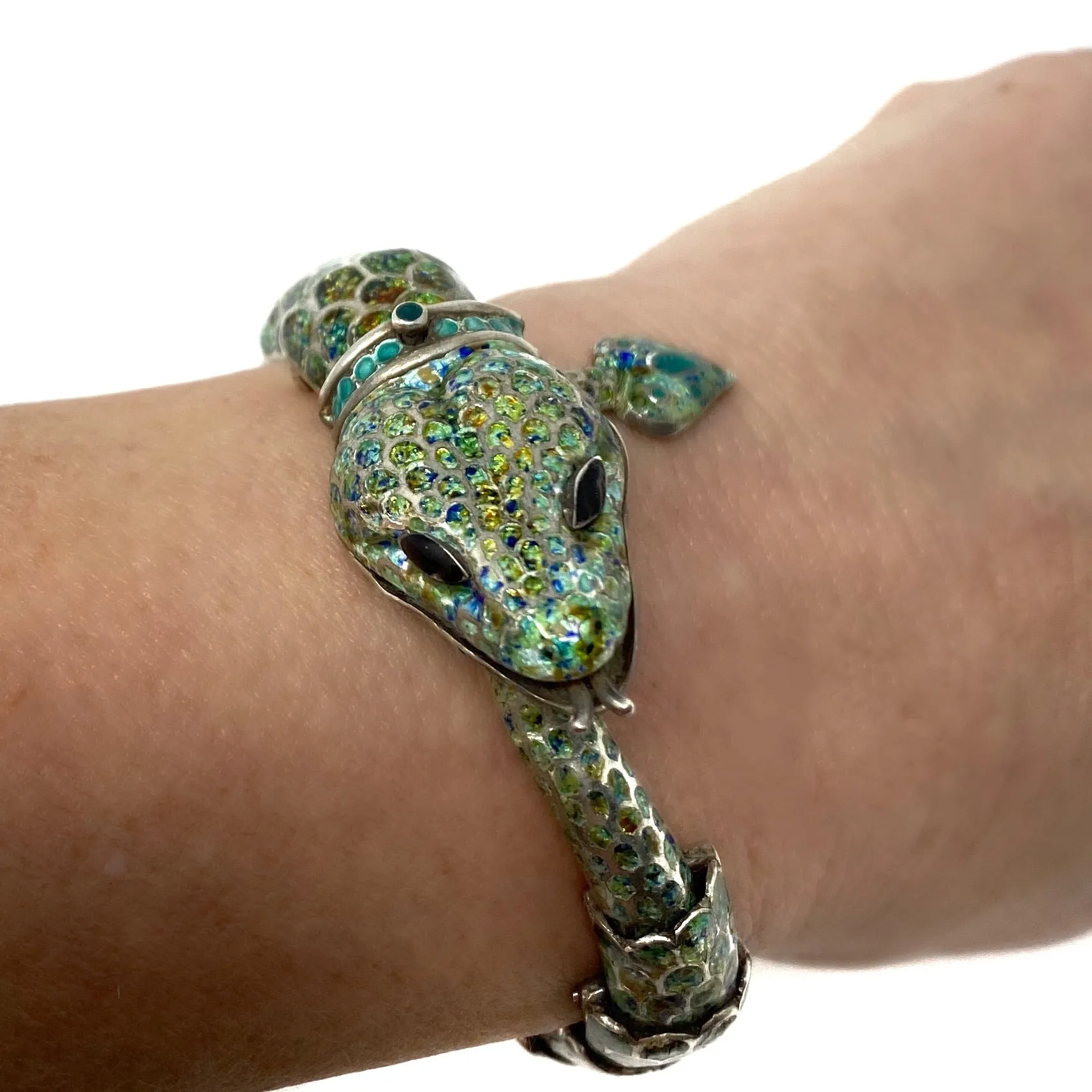 Margot de Taxco Vintage Enamel Silver Green Snake Mexico Bracelet