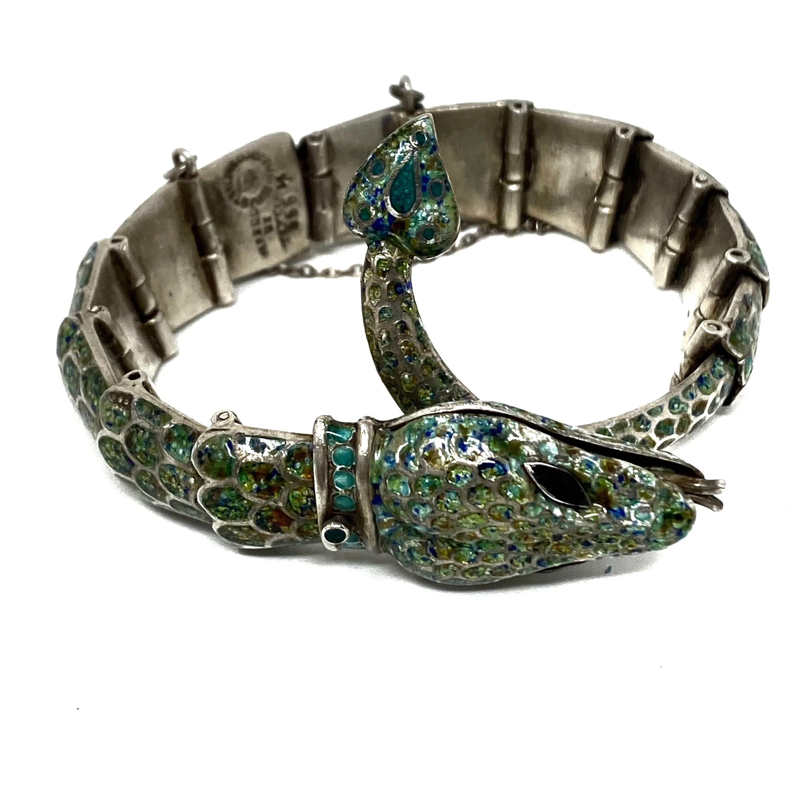 Margot de Taxco Vintage Enamel Silver Green Snake Mexico Bracelet