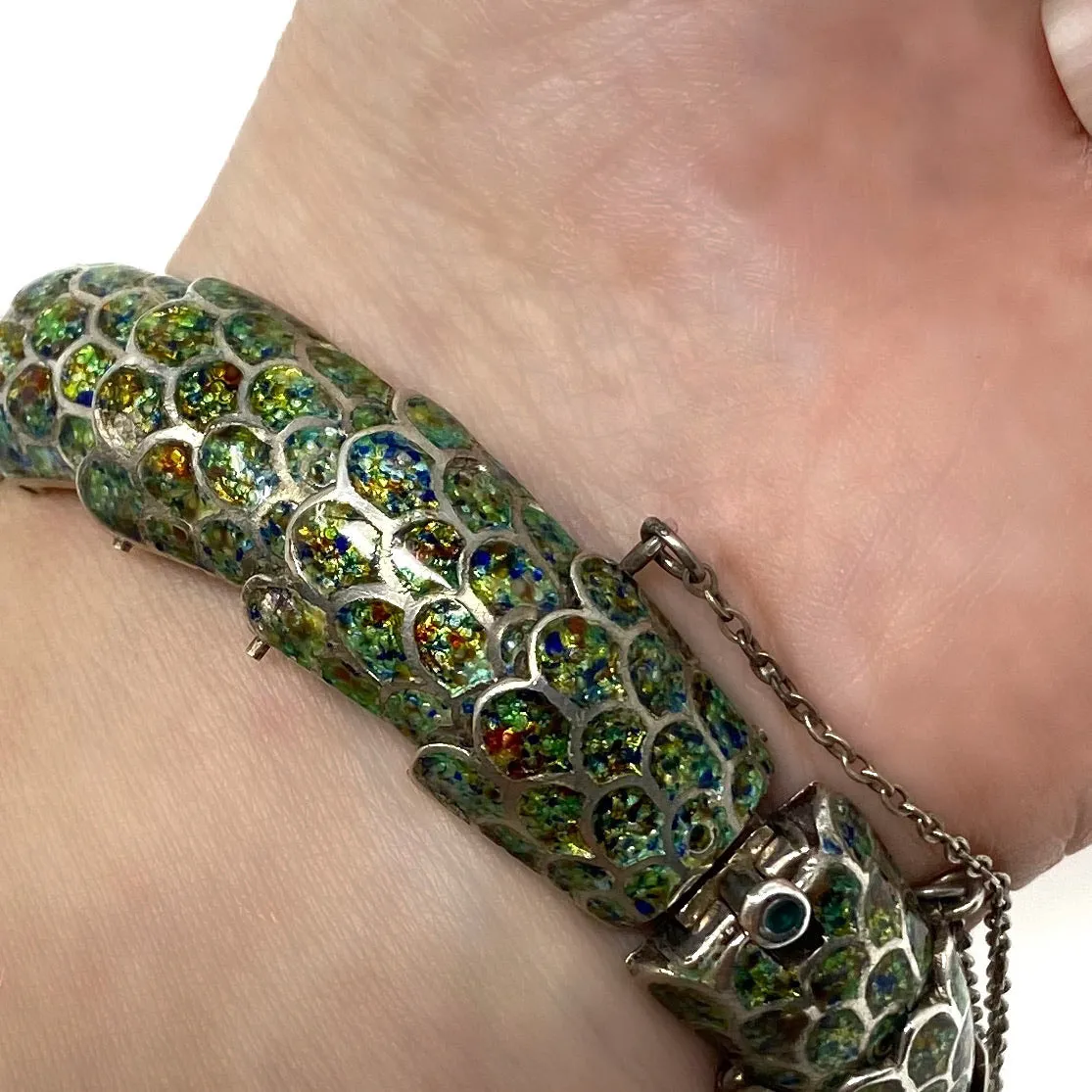 Margot de Taxco Vintage Enamel Silver Green Snake Mexico Bracelet