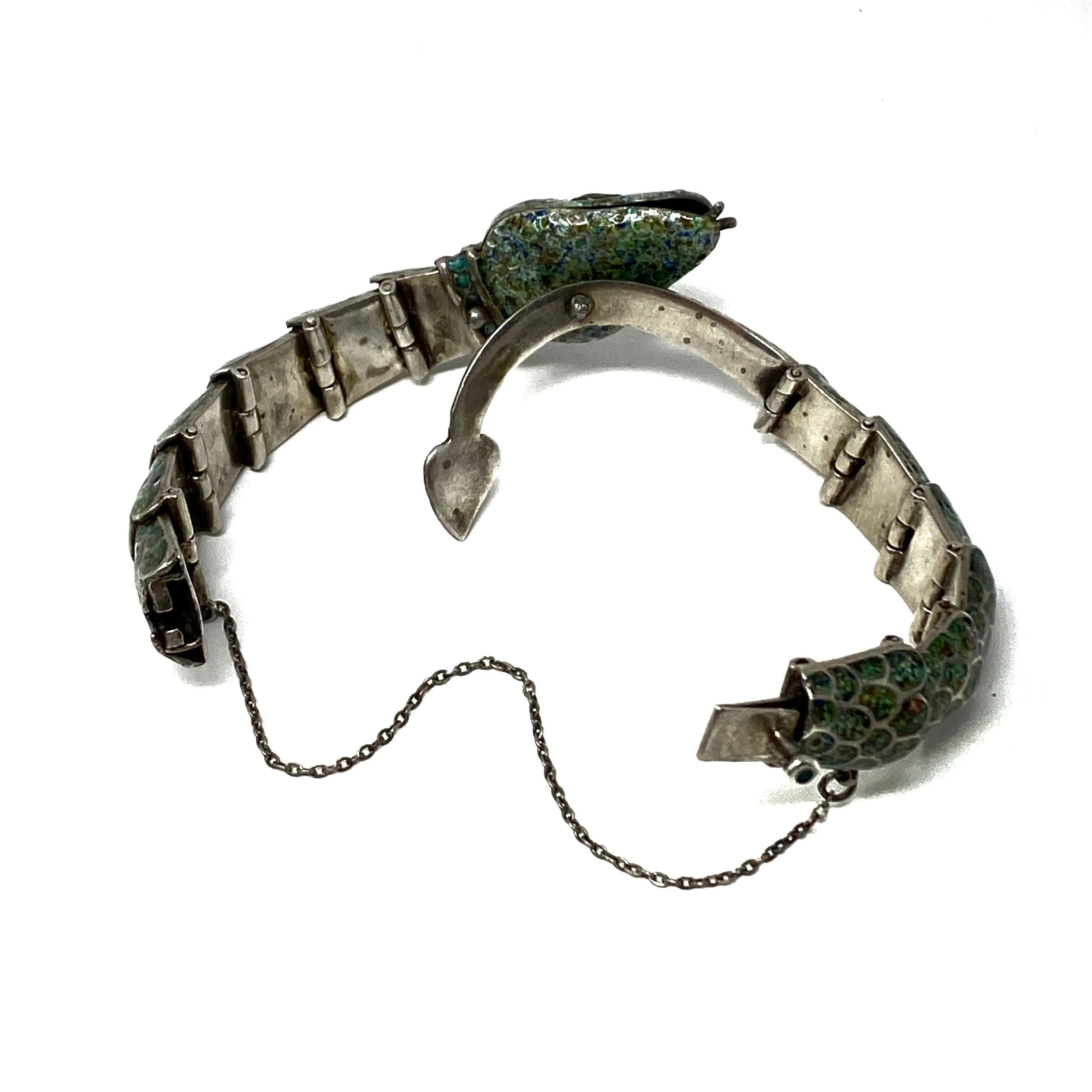 Margot de Taxco Vintage Enamel Silver Green Snake Mexico Bracelet