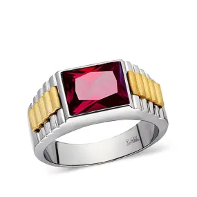 Mens Classic Style Solid Fine 14k White Gold Ring with Red Ruby Gemstone