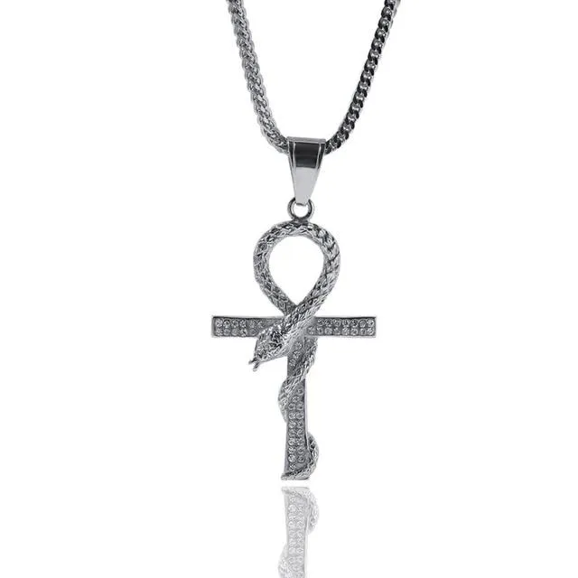 Metallic Snake Ankh Pendant with Cubic Zirconia Crystals Necklace