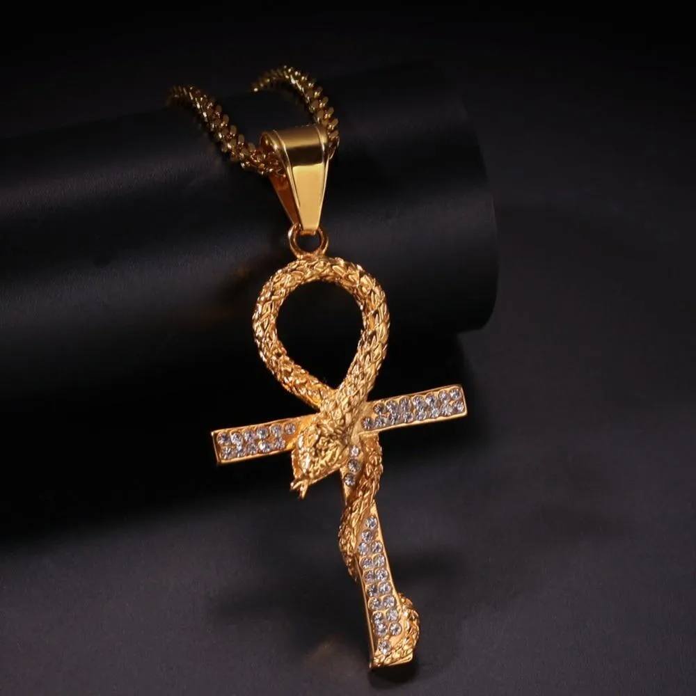 Metallic Snake Ankh Pendant with Cubic Zirconia Crystals Necklace