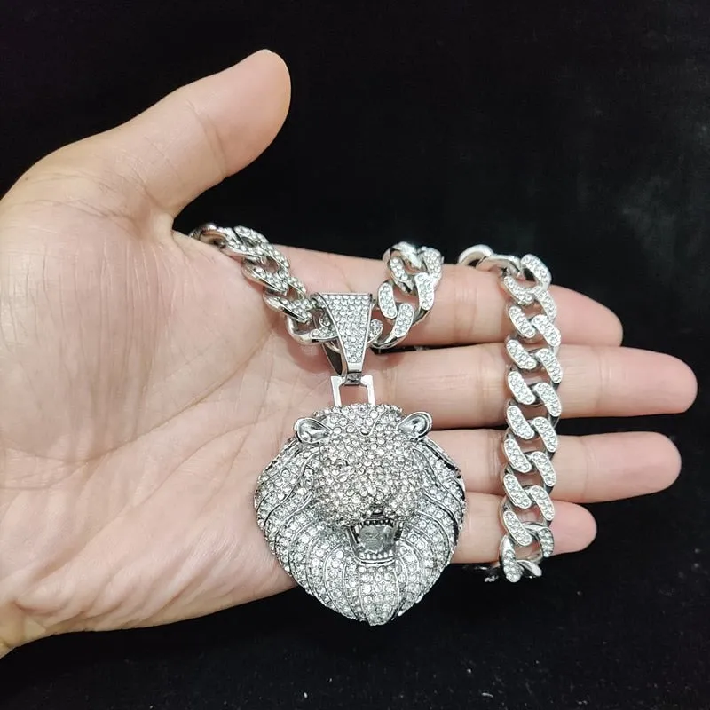 Micro-Pave Iced-Out Big Lion Pendant Cuban Chain Necklace