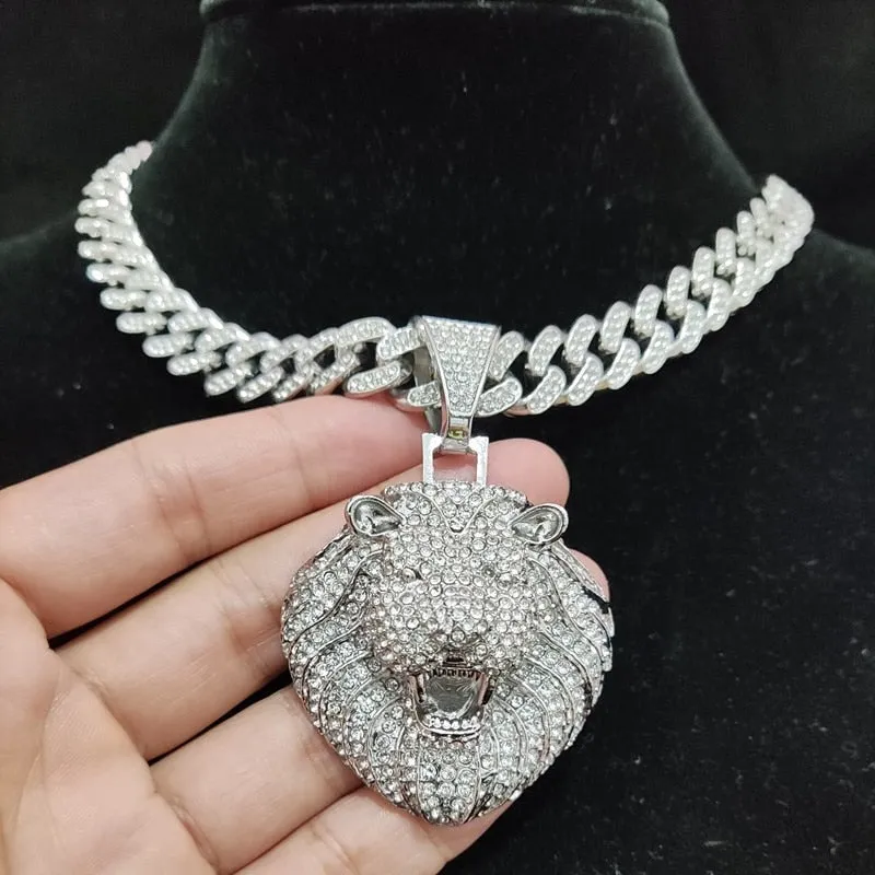 Micro-Pave Iced-Out Big Lion Pendant Cuban Chain Necklace