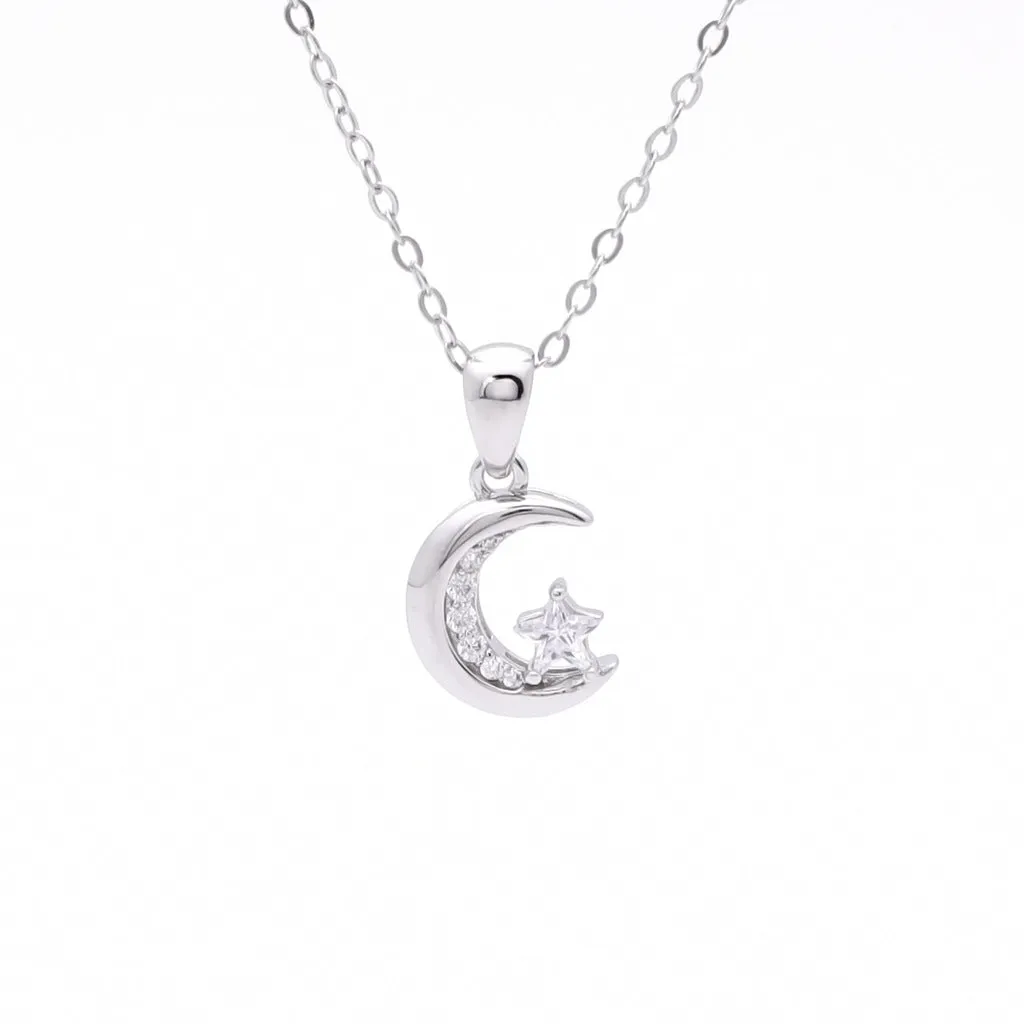 Moon and CZ Star Sterling Silver Necklace