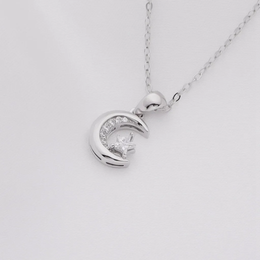 Moon and CZ Star Sterling Silver Necklace