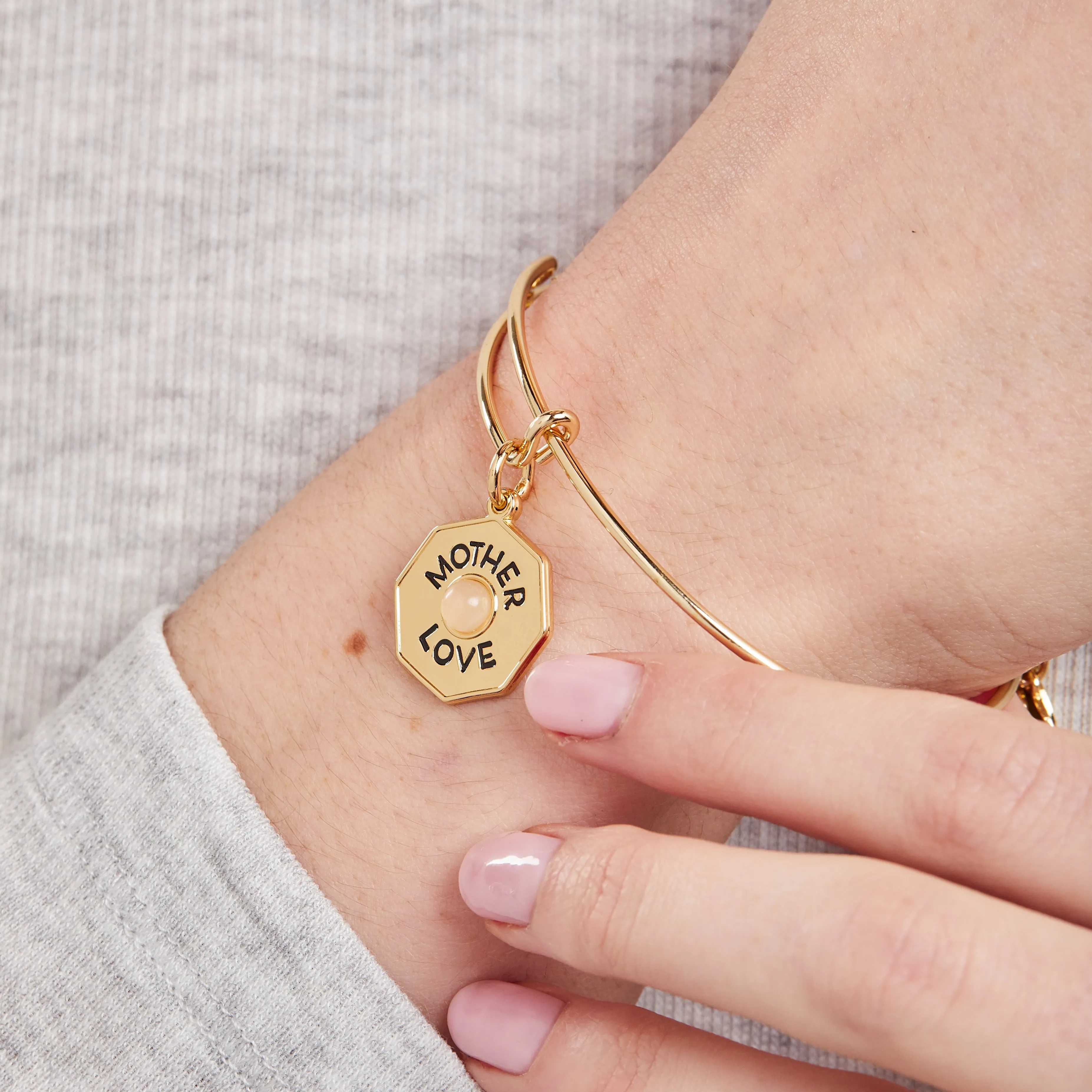 'Mother, Love' Rose Quartz Charm Bangle Bracelet