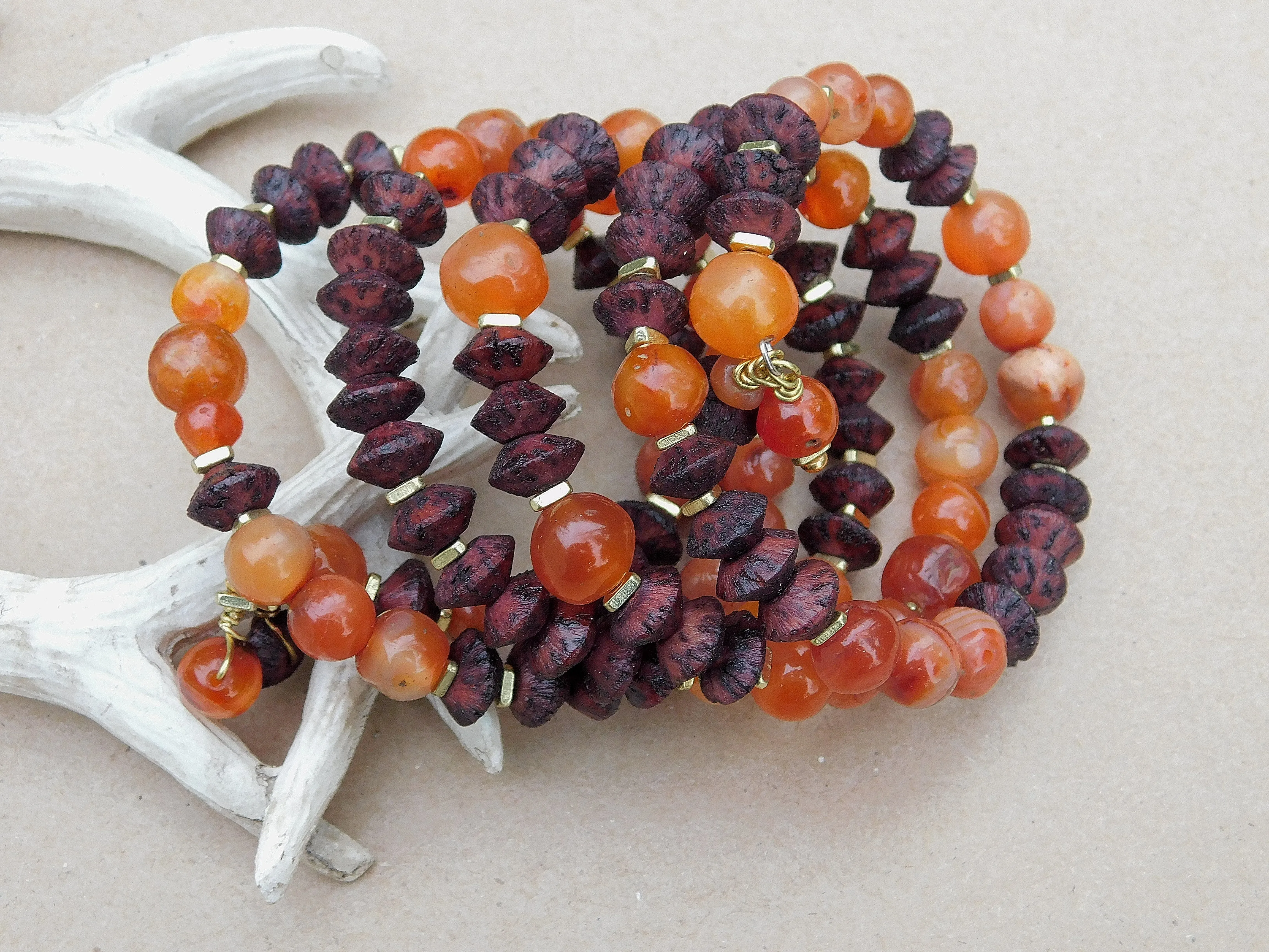 Old Carnelian and Vintage Brown Natural Seed Bead Bangle