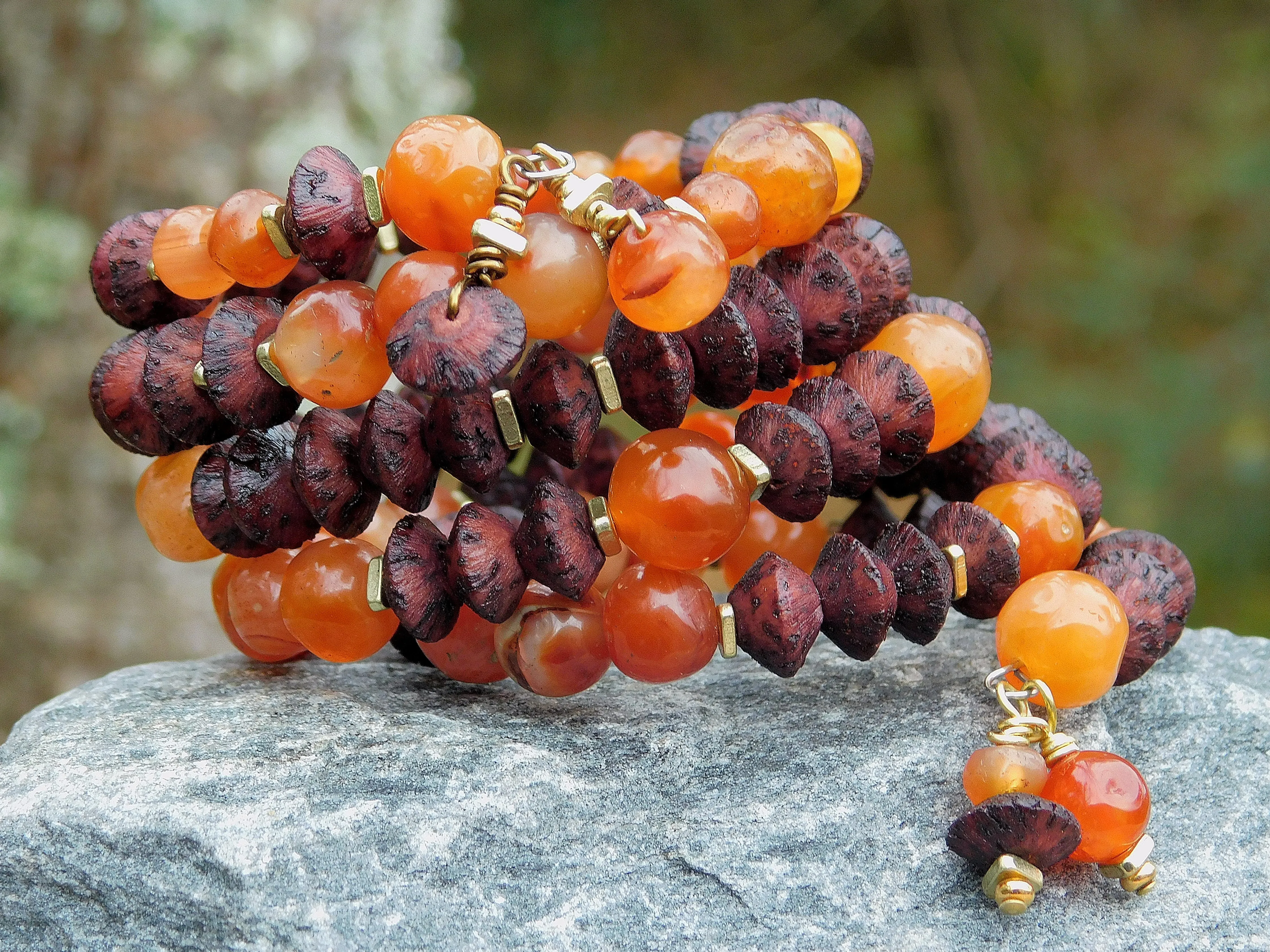 Old Carnelian and Vintage Brown Natural Seed Bead Bangle