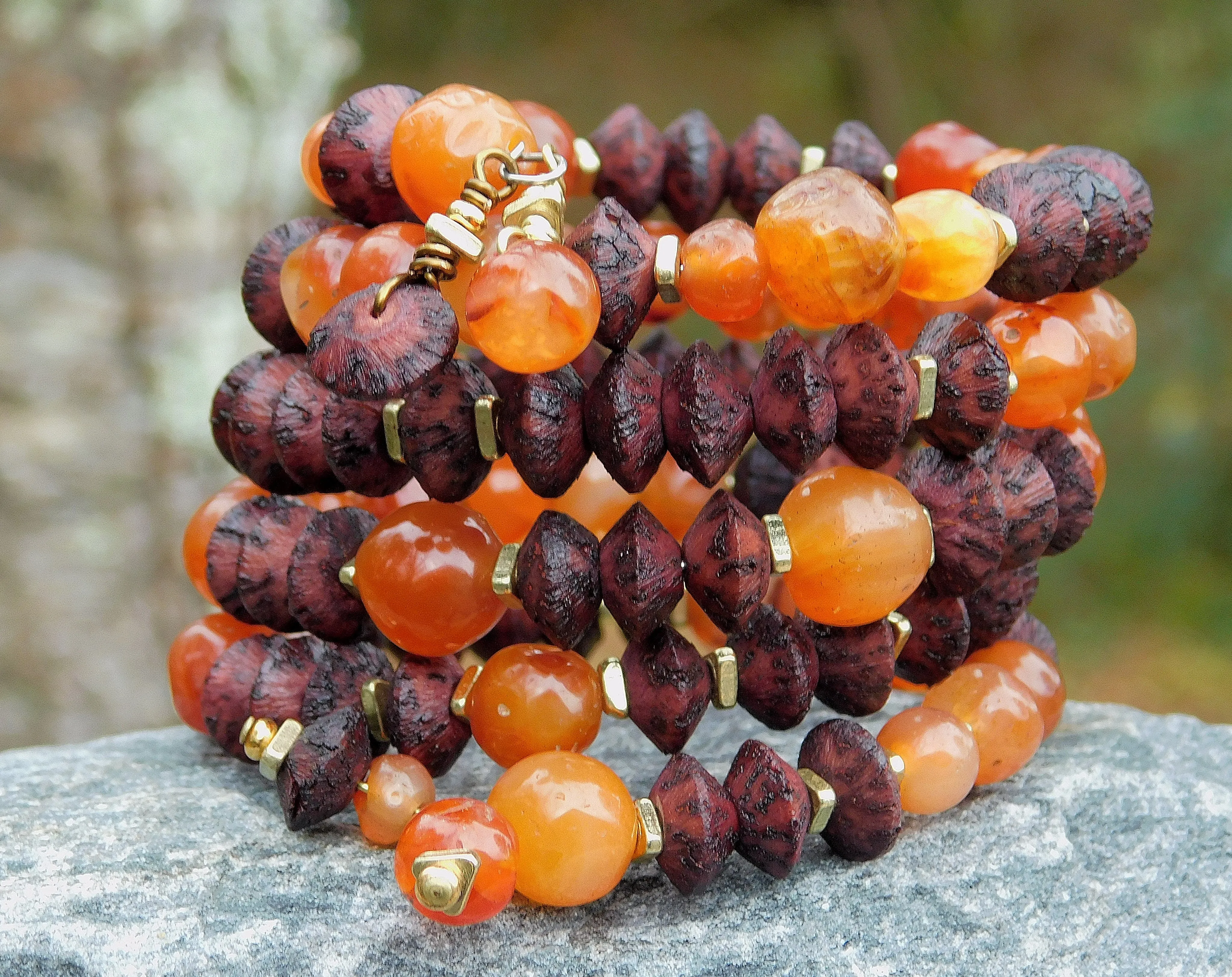 Old Carnelian and Vintage Brown Natural Seed Bead Bangle