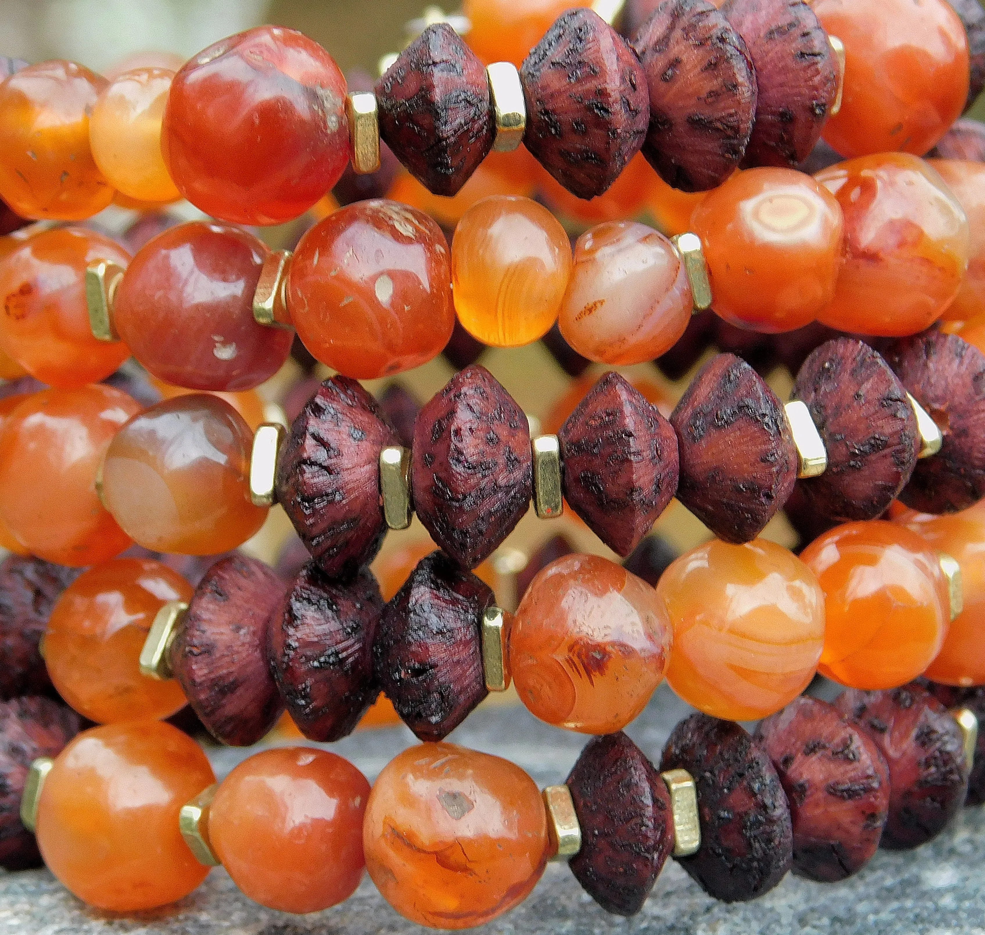 Old Carnelian and Vintage Brown Natural Seed Bead Bangle