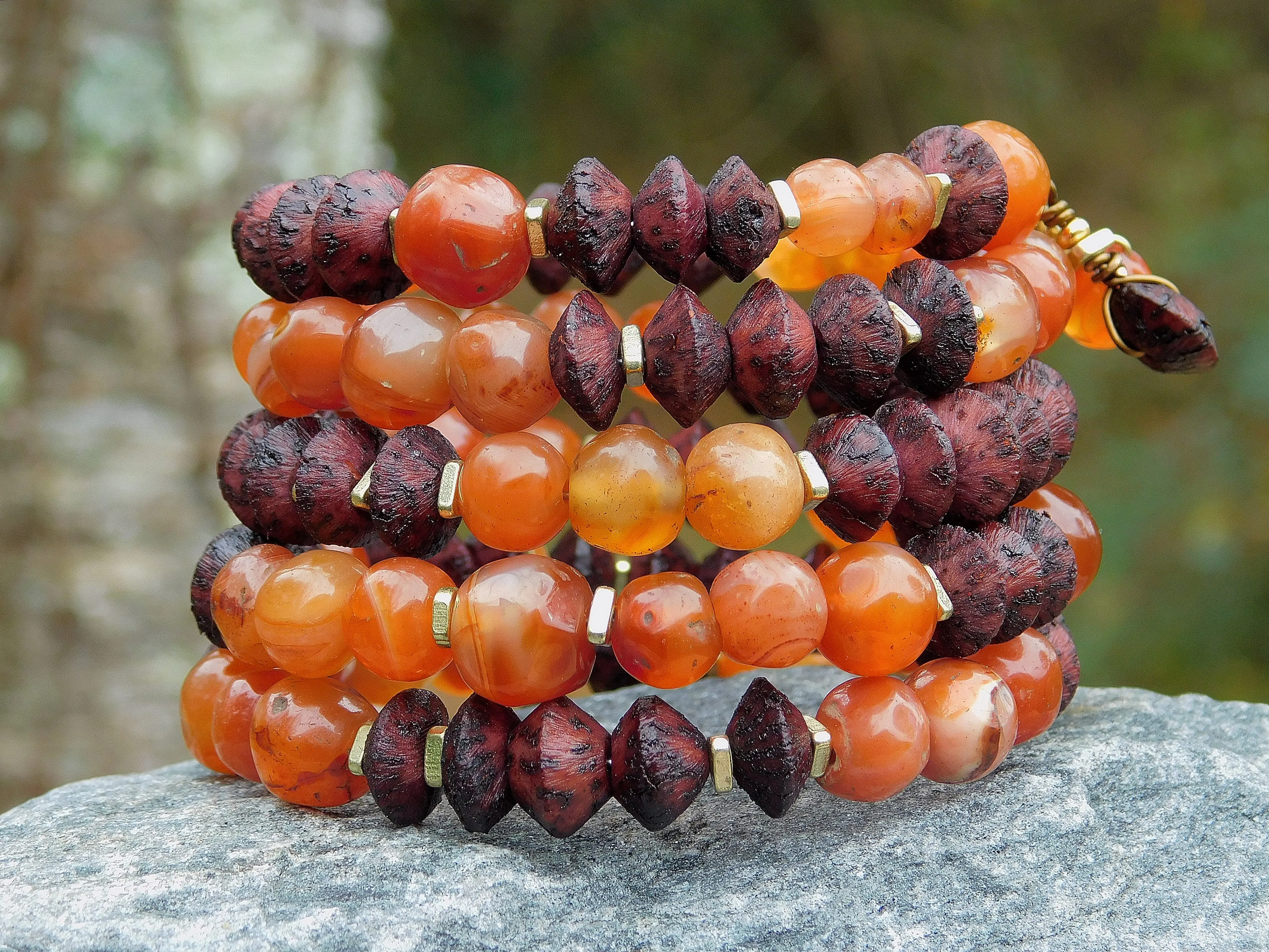 Old Carnelian and Vintage Brown Natural Seed Bead Bangle