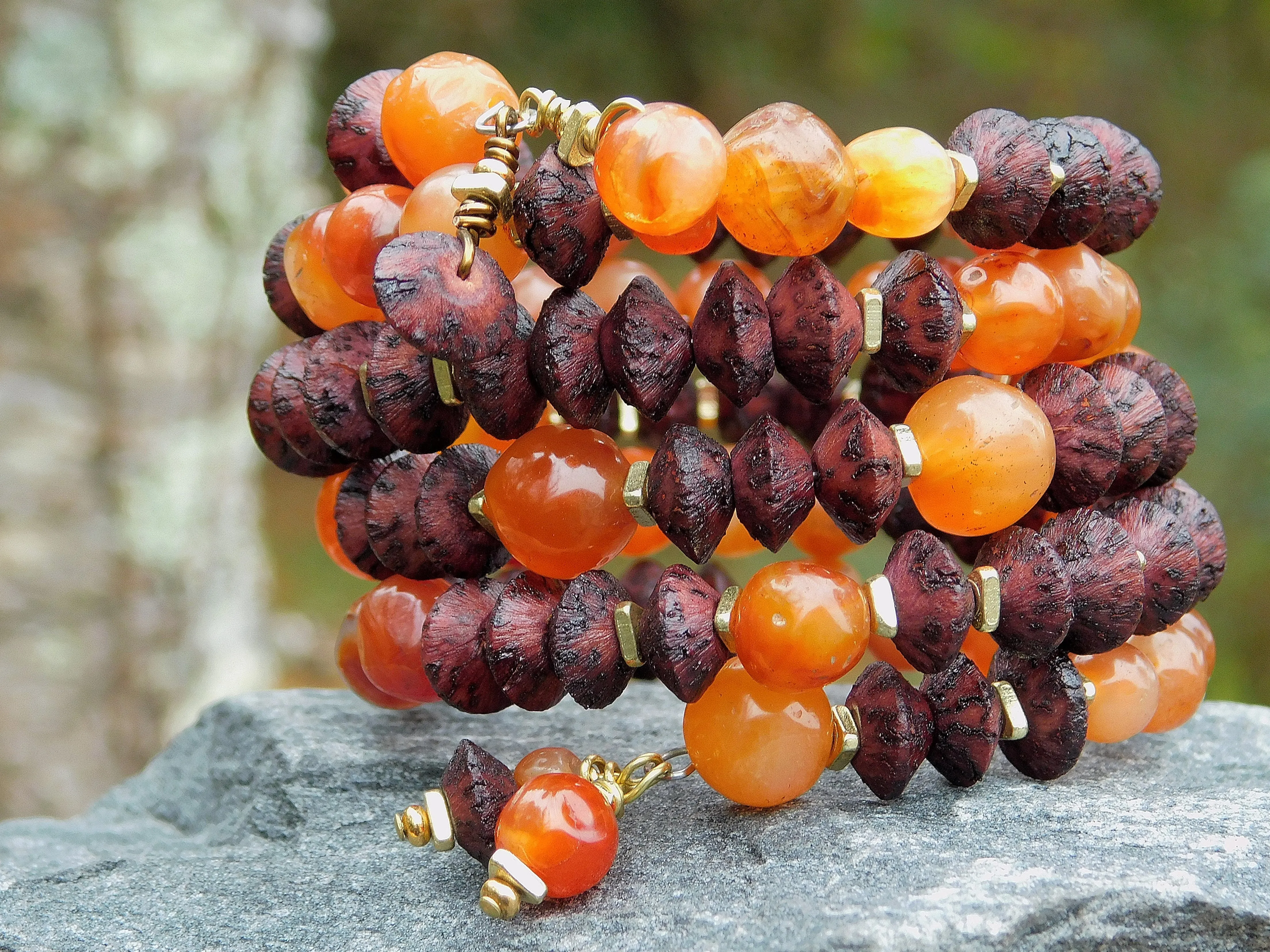 Old Carnelian and Vintage Brown Natural Seed Bead Bangle