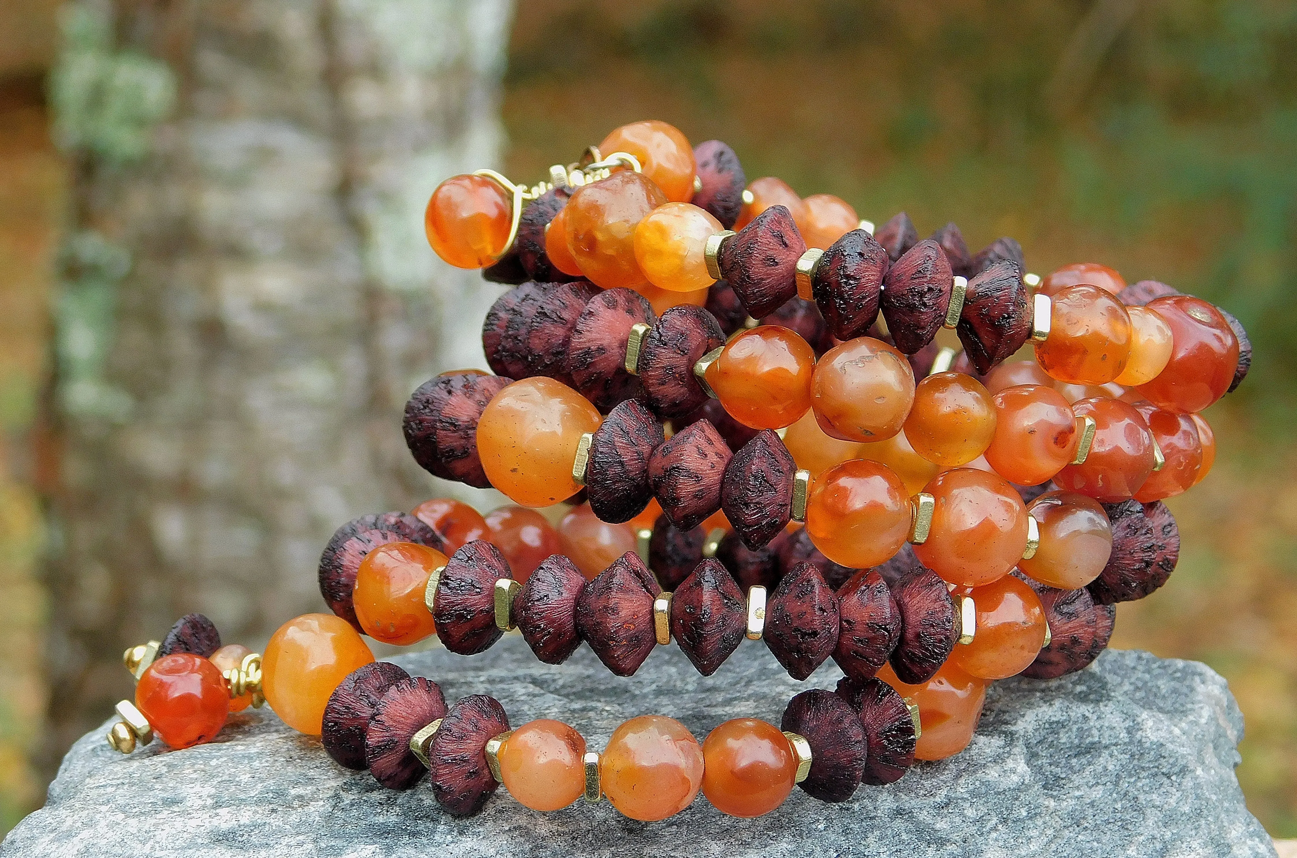 Old Carnelian and Vintage Brown Natural Seed Bead Bangle