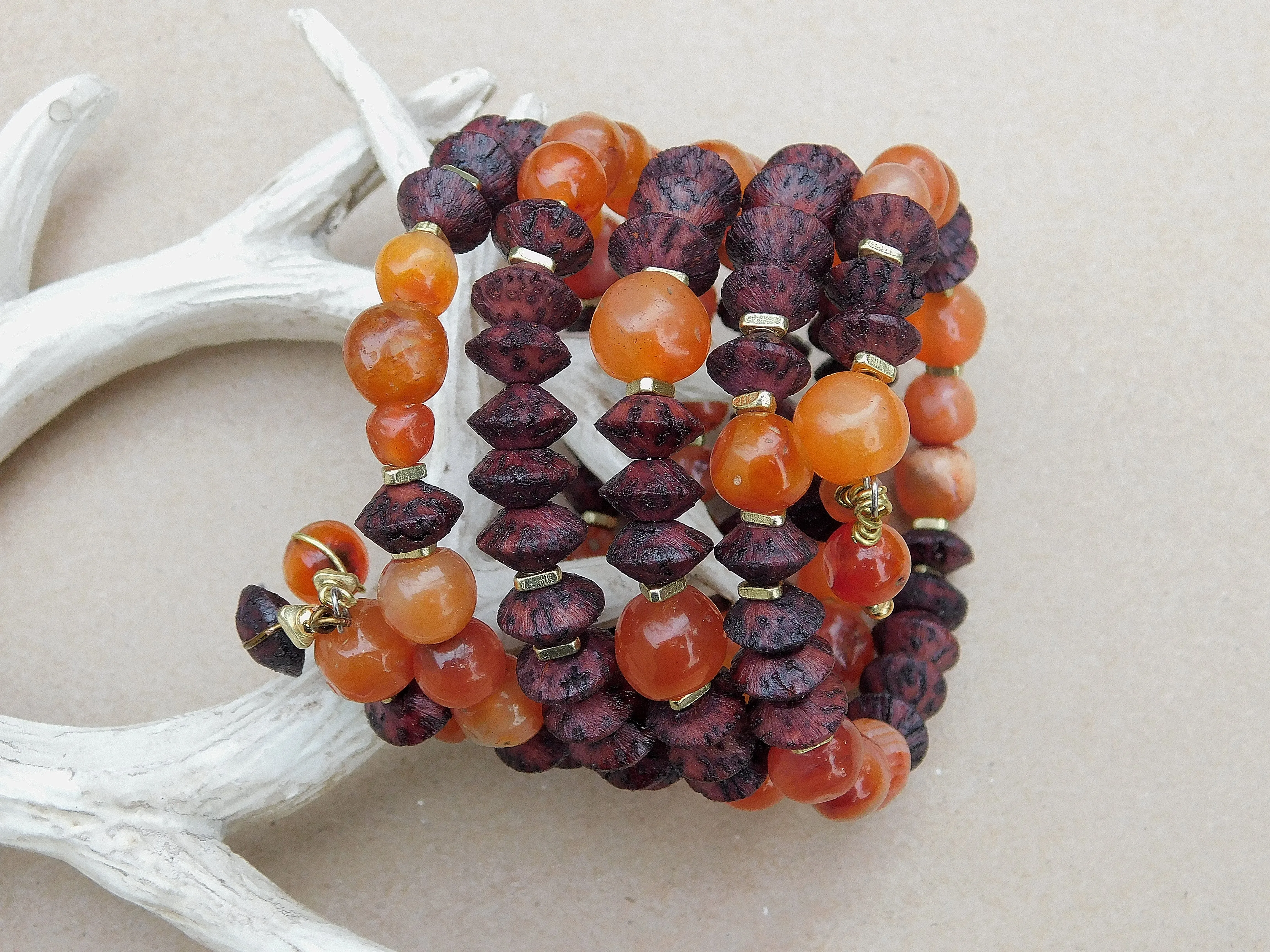 Old Carnelian and Vintage Brown Natural Seed Bead Bangle