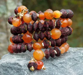 Old Carnelian and Vintage Brown Natural Seed Bead Bangle