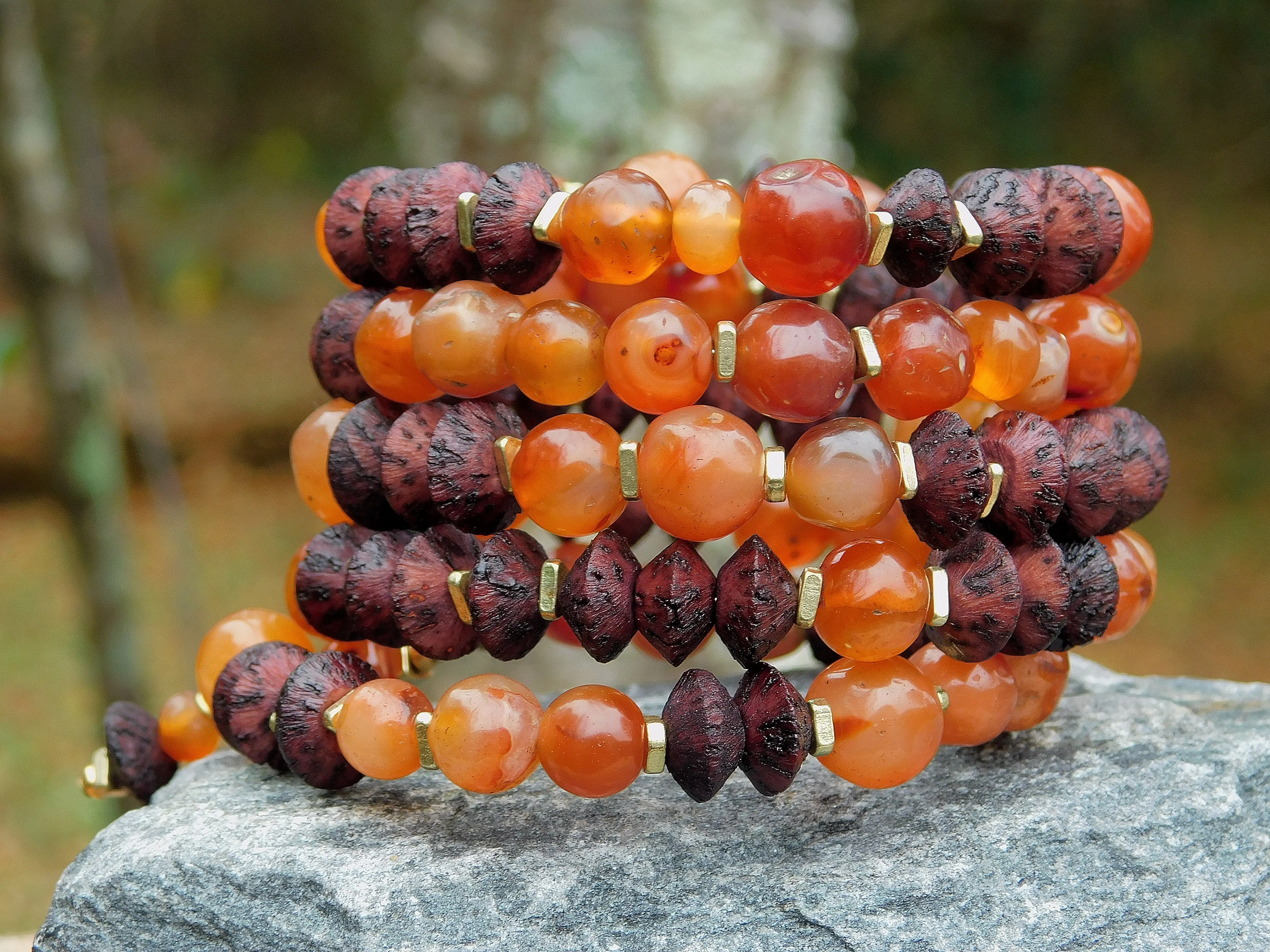 Old Carnelian and Vintage Brown Natural Seed Bead Bangle