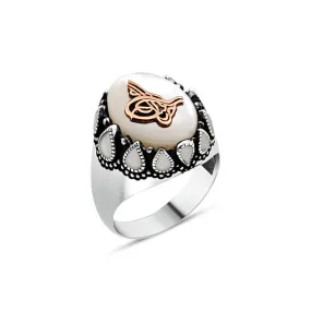 Ottoman Tughra on White Ellipse Mother of Pearl Stone Silver Men's Ring with Teardrops Around